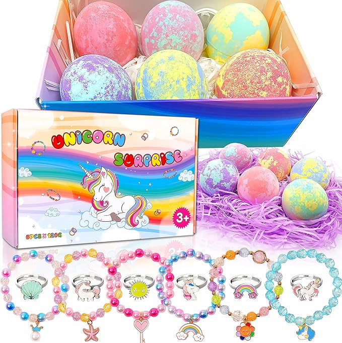 Unicorn Bath Bombs with Surprise Inside for Kids Girls, Bath Bombs Surprise Birthday Gifts Unicorn Gifts for Kids Girls with Jewelry Toys Inside