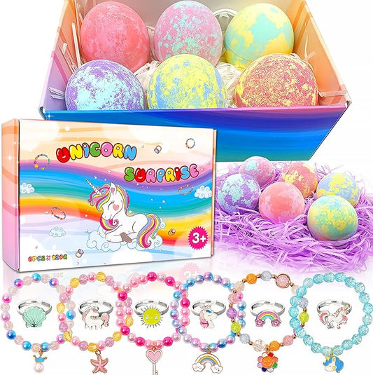 Unicorn Bath Bombs with Surprise Inside for Kids Girls, Bath Bombs Surprise Birthday Gifts Unicorn Gifts for Kids Girls with Jewelry Toys Inside