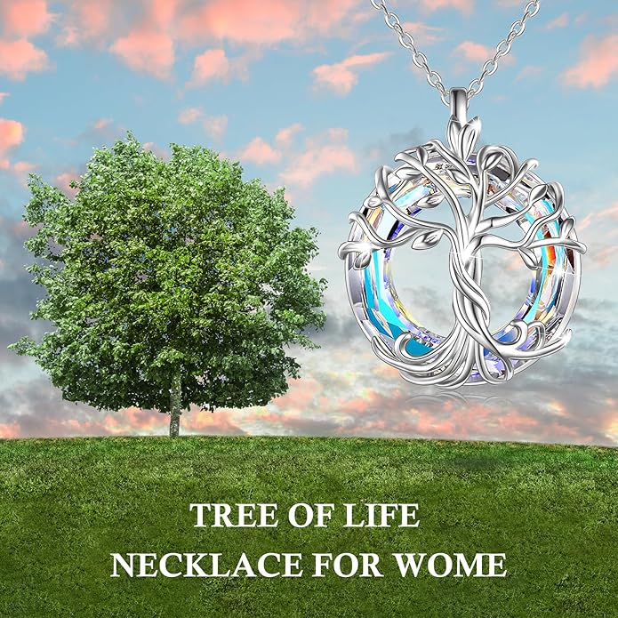 TOUPOP Tree of Life Necklace 925 Sterling Silver Family Tree Pendant Austrian Crystal Jewelry Valentines Day Birthday Gifts for Women Mom Wife Her