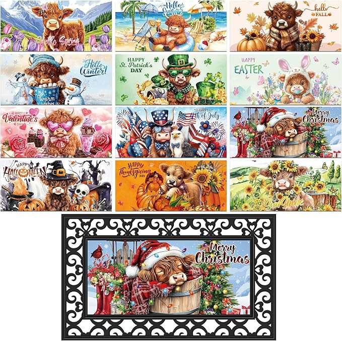 Nuanchu 12 Pcs Seasonal Door Mat Interchangeable Doormat Inserts Entrance Welcome Mats 22 x 10 Inches Non Slip Mats Gifts for Front Door Christmas Thanksgiving Decoration (No Frame)(Cow)