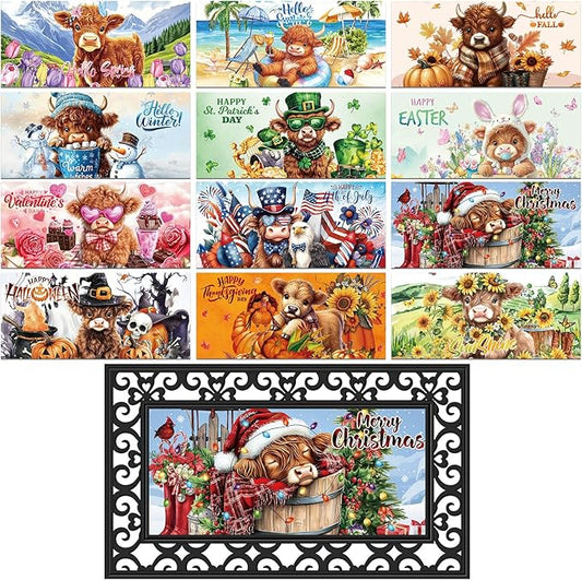 Nuanchu 12 Pcs Seasonal Door Mat Interchangeable Doormat Inserts Entrance Welcome Mats 22 x 10 Inches Non Slip Mats Gifts for Front Door Christmas Thanksgiving Decoration (No Frame)(Cow)