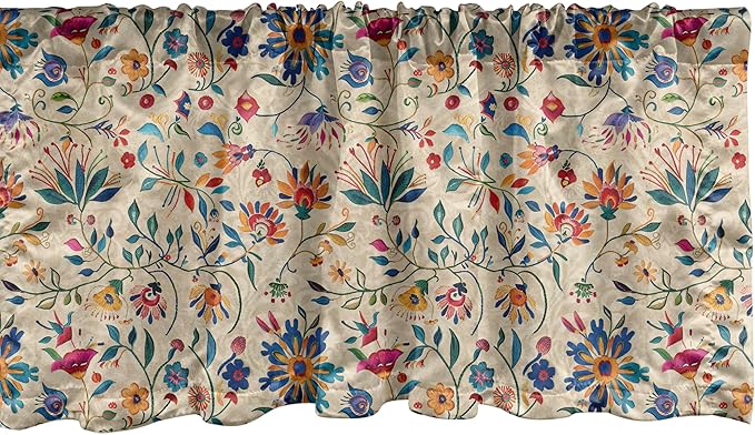 Ambesonne Oriental Floral Window Valance Pack of 2, Colorful Design Dreamy Floral Motifs with Mediterranean Details, Rod Pocket Curtain Valances for Kitchen Bedroom, 54" X 12", Blue Orange Multicolor