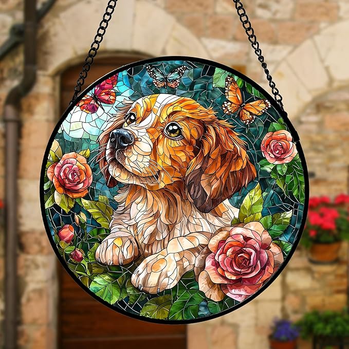Stained Glass Window Hanging, Dog and Rose Suncatcher for Doors Home Butterfly Sun Catchers Decoration and Christmas, Mother's Day Birthday Gifts for Women, Men, and Mom 11.8x11.8 in