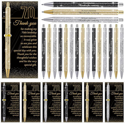 24 Set 70th Birthday Party Favor for Guests Anniversary Appreciation Gifts Birthday Glitter Ballpoint Pen and Thank You Cards for Women Men Years Party Favor Decoration Supplies