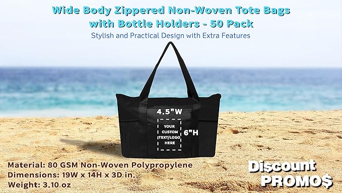 DISCOUNT PROMOS 50 Zippered Non-Woven Tote Bags Set - Customizable Text, Logo - Mesh Pocket, Zippered, Recyclable, Reusable - Black - 19"X14"X3", with Zipper