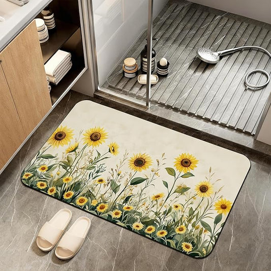 Yellow Floral Bath Mat,Sunflower Daisy Diatomaceous Earth Bath Mat,Rubber Backing Quick Dry Absorbent Washable Bathroom Rugs for Tub Non Slip 17"x29.5"