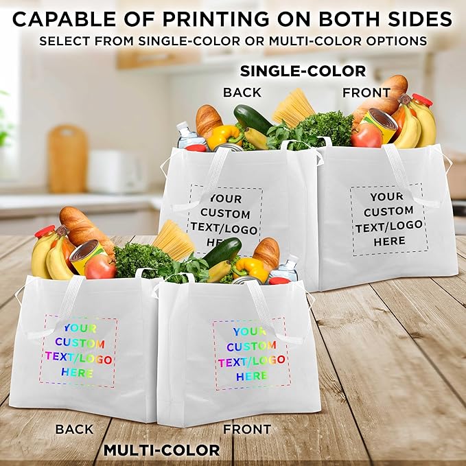 DISCOUNT PROMOS Custom Jumbo Sized Tote Bags Set of 100, Personalized Bulk Pack - Reusable Grocery Bags, Shopping Bags, Promotional Item Totes for Women - White