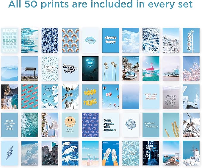 HAUS AND HUES Blue Photo Collage Kit for Wall Aesthetic Décor Beach Aesthetic Posters & Aesthetic Pictures | Aesthetic Blue College Room Decor (Set of 50)