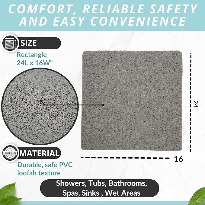 Enkosi Loofah Shower Mat Non Slip – Square Anti Slip Bath Mat for Inside Showers, Bathtub, Tub, Bathroom - Grey, Cushioned, Quick Dry PVC, with Drain Holes - Secure Grip Safety Pad (Grey 24x24)
