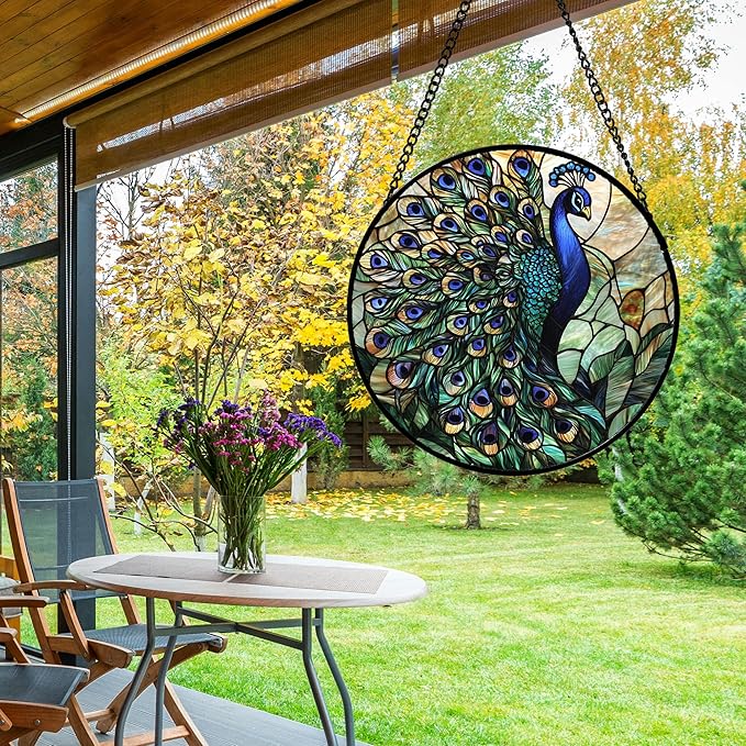 Stained Glass Window Hanging, Turquoise Peacock Sun Catcher for Door Home Decor Blue Green Suncatcher Christmas Mother's Day Birthday Gifts for Women Men Mom and Nana 7.8 in
