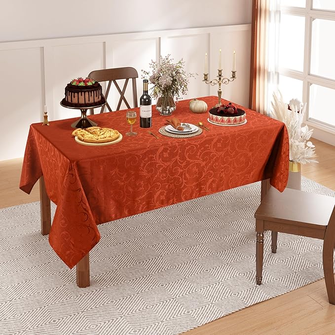 misaya Rectangle Thanksgiving Tablecloth, Waterproof Jacquard Fall Table Cloth, Damask Cloth Table Cover for Harvest Decor (60" x 120", Rust Vine Pattern)