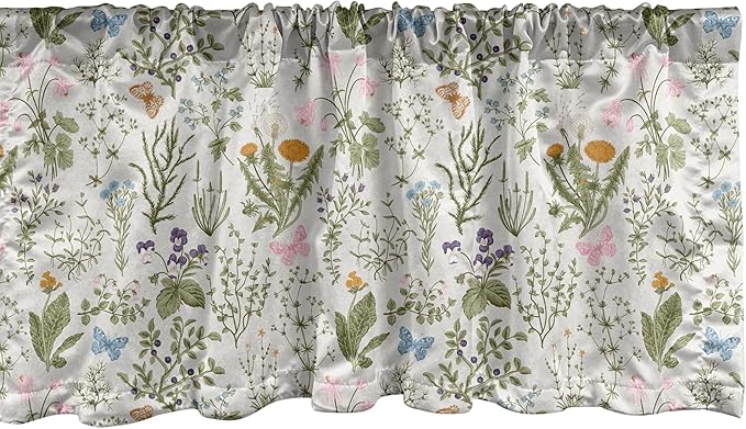 Ambesonne Vintage Window Valance Pack of 2, Garden Art Nature Theme with Herbs and Flowers Colorful Spring Season Elements, Rod Pocket Curtain Valances for Kitchen Bedroom, 54" X 18", Sage Green
