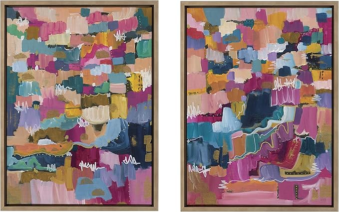 Kate and Laurel Sylvie Applause Framed Canvas Wall Art Set by Leah Nadeau, Set of 2, 18x24 Gold, Decorative Colorful Abstract Art Print for Wall