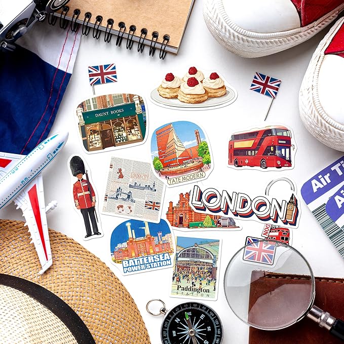 200 PCS London Stickers, British Travel Stickers for Laptop Water Bottle Scrapbook Journal, Vinyl London Travel Souvenirs Decals for Women Men Adults