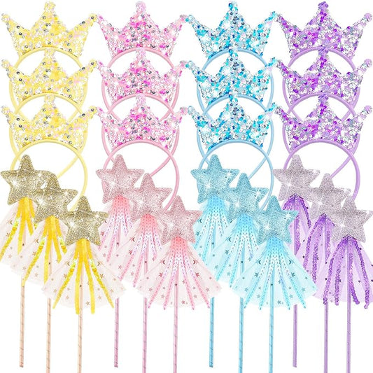100 Pcs Princess Party Favors Including 50 Glitter Star Fairy Wands and 50 Sequin Princess Crown Headbands for Girls Birthday Party Gifts