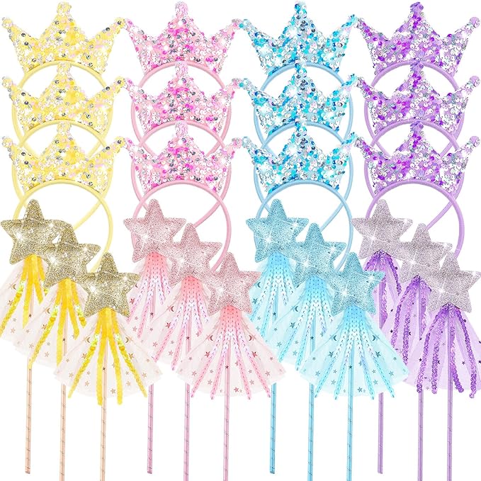 24 Pcs Princess Party Favors Including 12 Glitter Star Fairy Wands and 12 Sequin Princess Crown Headbands for Girls Birthday Party Gifts
