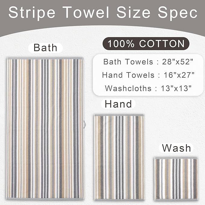 Beige Striped Hand Towels, Bathroom Hand Towels Set of 4, 16"x27" - 100% Cotton | Quick Dry | Absorbent | Light Weight, Soft Towel Set for Showering & Guest, Luxury Towel Gift, Tan and Gray Stripe
