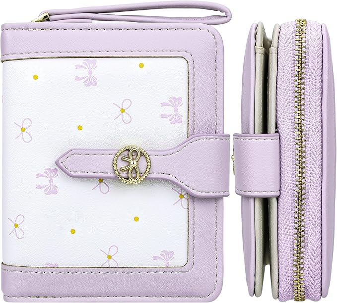Womens Wallet Cute Small Purple Coquette Bow Wallets for Women with Bow Stuff Credit Card Holder and ID Window Kawaii Travel Cash Wallet for Ladies