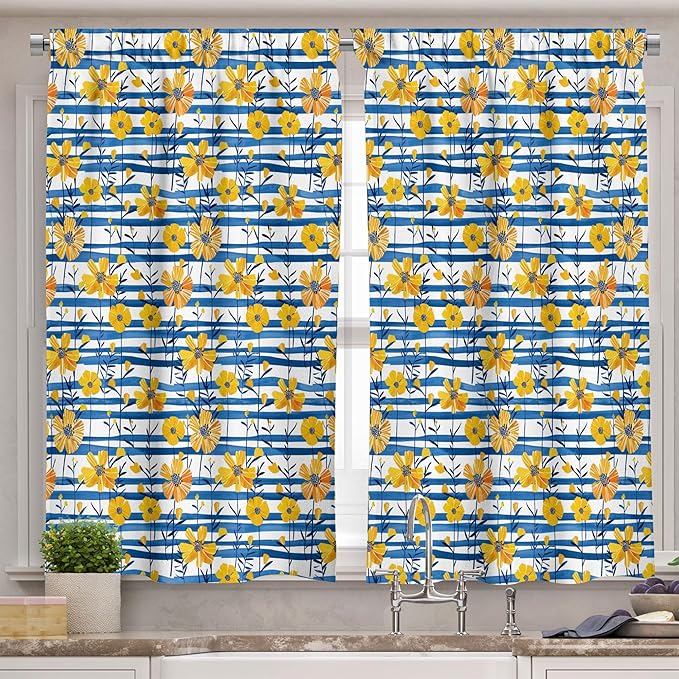 Ambesonne Floral Valance & Tier Curtain 3 pcs Set, Contemporary Coastal Vibe Flowers with Horizontal Brushstroke Lines, Window Treatments for Kitchen Room Decor, 55" x 36", Mustard Cobalt Blue White