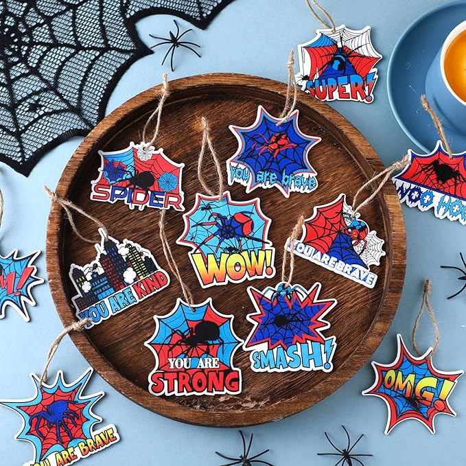 Yookeer 24 Pcs Spider Ornaments Red and Blue Spider Web Wooden Ornaments with Rope Hanging Spiders Decorations Hero Party Decor for Tree Home Wreath Decor