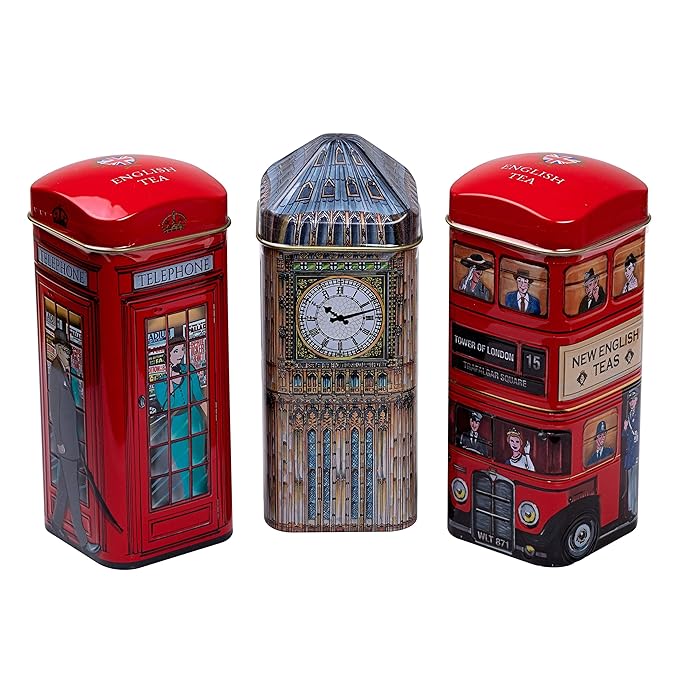British Heritage 3x Tea Tins with 42 English Teabags (Big Ben, Red London Bus, Telephone Box)