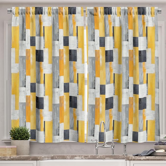 Ambesonne Abstract Kitchen Curtains, Contemporary Watercolor Brushstroke Print Parallel Geometric Shapes, Window Drapes 2 Panel Set for Kitchen Cafe Decor, 55" x 30", Amber White Charcoal Grey