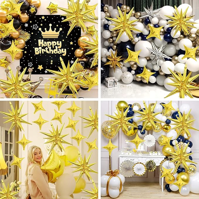 12PCS Gold Star Balloons, Gold Explosion Star Balloons Aluminum Foil Balloon Spike Balloon for Birthday Bachelorette New Year Graduation Party Decorations