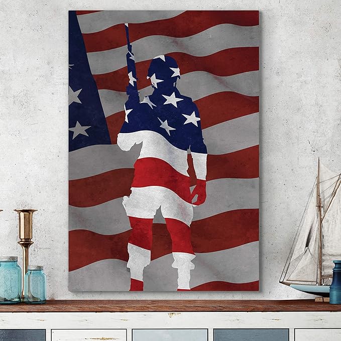 Renditions Gallery Canvas Patriotic Wall Art Paintings & Prints Artwork Proud Flag Draped Veteran Modern American Soldier Wall Hanging Decor for Dining Room Office Kitchen - 36"x48" LT25