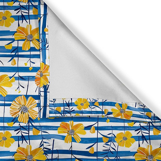 Ambesonne Floral Window Valance, Summer Inspired Expressionist Look Leafy Flower Garden with Stripes, Curtain Valance for Kitchen Bedroom Decor with Rod Pocket, 42" x 12", Mustard Cobalt Blue White