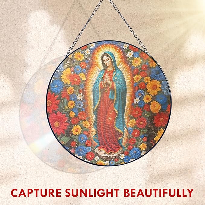 FLAGWIX Christian Gifts for Women - Virgen De Guadalupe Stained Glass Window Hanging 8 in - Religious Gifts for Women, Our Lady of Guadalupe Sun Catchers Indoor Window for Hanging Decor