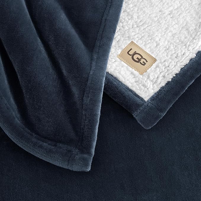 UGG Nita Full/Queen Blanket Fleece Fluffy Reversible Soft Fuzzy Bedding Cozy Plush Warm Oversized Blanket Machine Washable Bedroom Decor for Big Couch or Bed, 90-inch x 90-inch, Navy Blue