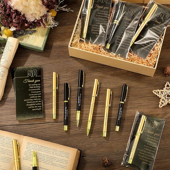 50 Set 50th Birthday Party Favor for Guest Anniversary Party Favor with Black and Gold Ballpoint Pens and Thank You Cards for Women Men Birthday Anniversary Appreciation Gifts