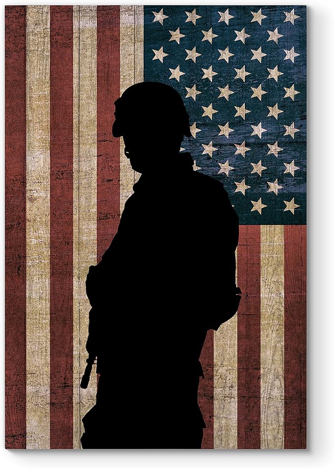Renditions Gallery Canvas Figurative Wall Art Home Paintings Artwork Dark Veteran Silhouette Modern Black & White American Military Decorations for Office Bedroom Kitchen - 24"x32" LT25