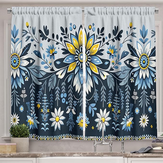 Ambesonne Floral Art Kitchen Curtains, Modern Scandinavian Flowers with Curving Leaves Print Boho Romance, Window Drapes 2 Panel Set for Kitchen Cafe Decor, 55" x 36", Blue Yellow
