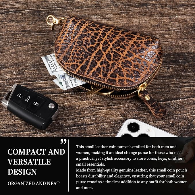 Gexmil Genuine Leather Coin Purse with Zipper, Full Grain Leather, Mini Coin Pouch for Women Men, Change Wallet,Giant Pebble Brown