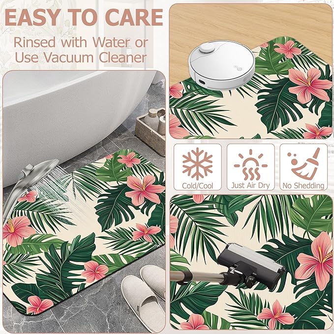 Tropical Leaves Bath Mat,Pink Flower Diatomaceous Earth Bath Mat,Rubber Backing Quick Dry Absorbent Washable Bathroom Rugs for Tub Non Slip 17"x29.5"