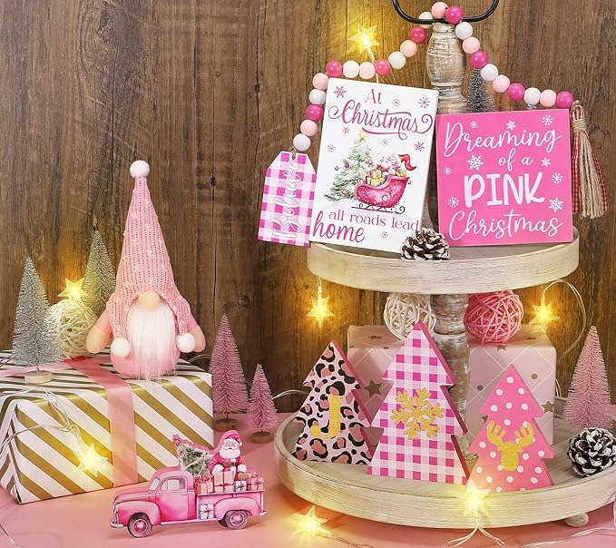 Pink Christmas Tiered Tray Decor 8 PCS Xmas Decorations Indoor - Believe Christmas Wooden Signs & Pink Xmas Gnome Plush Set - Table Decor Tier for Home Kitchen Mantel