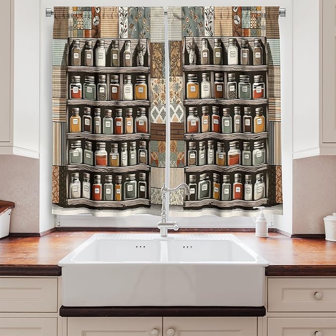 Ambesonne Vintage Long Kitchen Curtains, Jars on Shelves with Victorian Leaves Tartan Details Print Farmhouse, 2 Panel Set Drapes with Rod Pocket Room Decor, 55" x 45", Taupe Grey Teal Orange