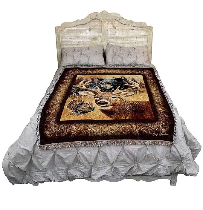 Pure Country Weavers Hunter's Dream Blanket by Greg Giordano - Deer Buck Turkey Bear Wildlife Lodge Cabin Gift Tapestry Throw Woven from Cotton - Made in The USA (72x54)