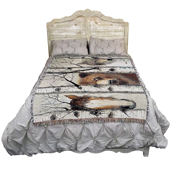 Pure Country Weavers Trio Horse Bear Wolf Blanket by John Saunders - Wildlife Lodge Cabin Gift Tapestry Throw Woven from Cotton - Made in The USA (72x54)