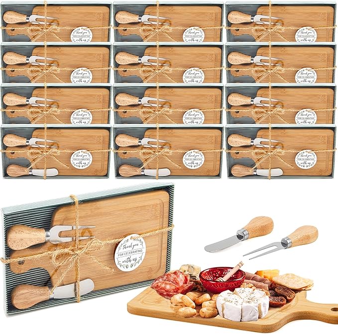 12 Set Bridal Baby Shower Cheese Prizes Wooden Square Board Gift Set Knives Forks Thank You Tags with Box for Guests for Valentines Bridal Baby Shower Housewarming Gifts (Bamboo Color)