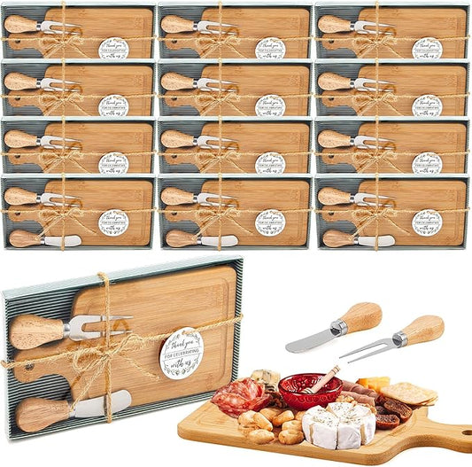 12 Set Bridal Baby Shower Cheese Prizes Wooden Square Board Gift Set Knives Forks Thank You Tags with Box for Guests for Valentines Bridal Baby Shower Housewarming Gifts (Bamboo Color)