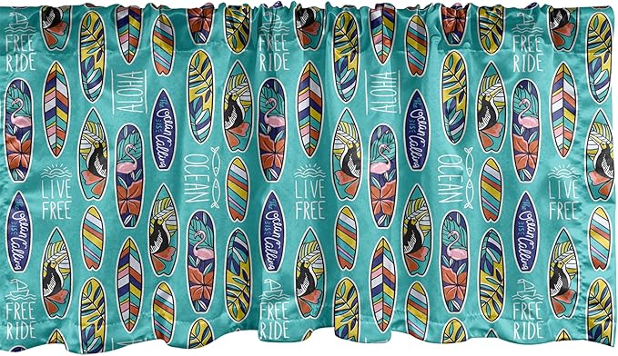 Ambesonne Surfboard Window Valance, Aloha Hawaii Live Free Ocean Water Sports Inspired Pattern Coastal Inspirations, Curtain Valance for Kitchen Bedroom Decor with Rod Pocket, 42" x 18", Seafoam