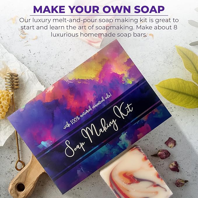 Soap Making Kit for Adults, Make Your Own Soap with Melt & Pour diy Natural Soap supplies; 6 Essential Oils, Silicone Soap Mold, Spoon, Dried Flowers, 1.5lbs. Goats Milk Soap Base, 4 Colors, 9 Labels