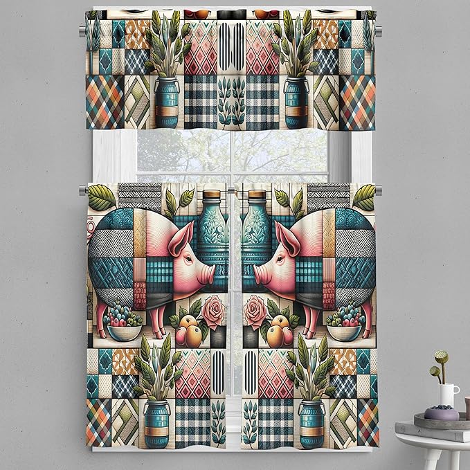 Ambesonne Farmhouse Valance & Tier Curtain 3 pcs Set, Bohemian Mosaic Style Pattern with Pigs Fruits and Botanical Motifs, Window Treatments for Kitchen Room Decor, 55" x 45", Teal Pink and Green