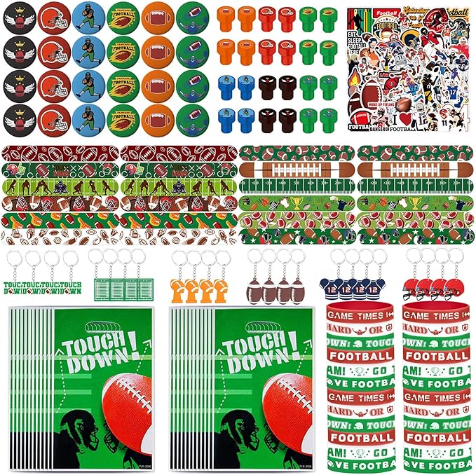 Football Party Favors 244 Pcs Football Birthday Party Decorations With Goodie Bags Wristbands Stickers Keychains Stamps Slap Bracelets Badges for Football Party Supplies (Football)