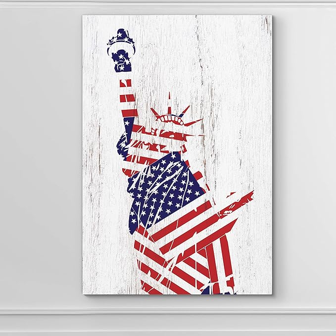 Renditions Gallery Canvas Patriotic Wall Art Paintings & Prints Flag Draped Liberty Statue Rustic Nationalistic Pride Canvas Wall Hanging Artwork for Bedroom Office Kitchen - 16"x20" LT25