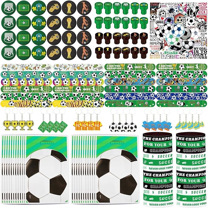 Soccer Party Favors 244 Pcs Soccer Birthday Party Decorations With Goodie Bags Wristbands Stickers Keychains Stamps Slap Bracelets Badges for Soccer Party Supplies (Soccer)