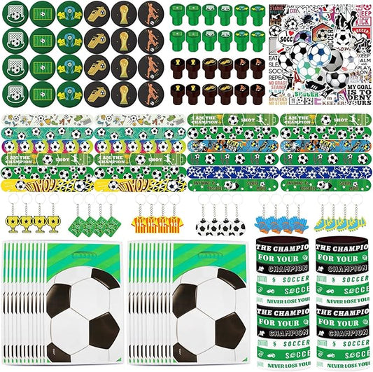 Soccer Party Favors 244 Pcs Soccer Birthday Party Decorations With Goodie Bags Wristbands Stickers Keychains Stamps Slap Bracelets Badges for Soccer Party Supplies (Soccer)
