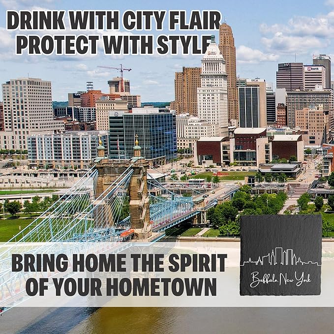 Blue Ridge Mountain Gifts - Buffalo NY Skyline Coasters, Set of 4 - Buffalo New York Souvenir, Slate Coasters with Minimalist Skyline, Housewarming Gift for Friends, Family, & Neighbors